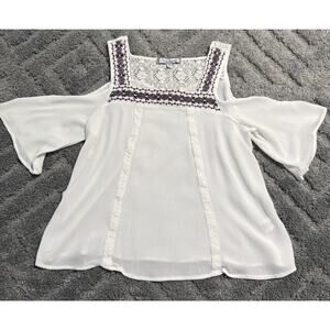 Crave Fame White Off the Shoulder Top M Bell Sleeve Lace Back Embroidered Trim
